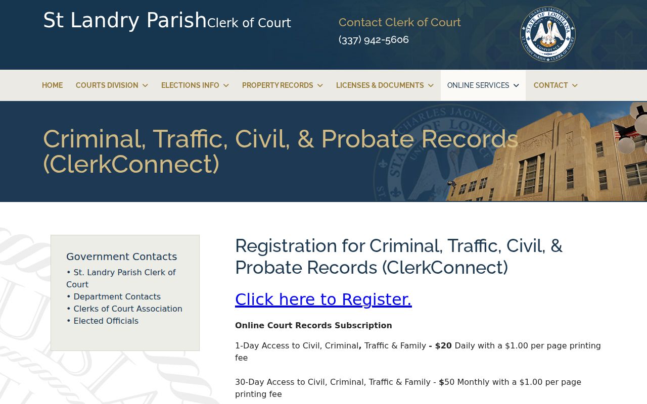St. Landry Parish case search ClerkConnect access information