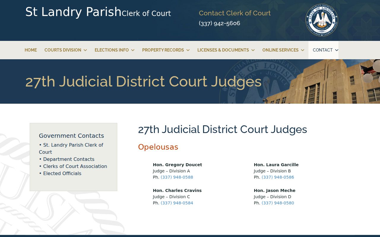 St. Landry Parish court schedule judge division contact information