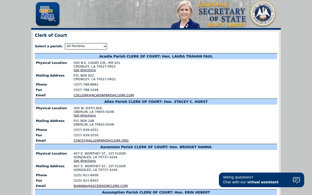St. Landry Parish court records official Clerk of Court directory